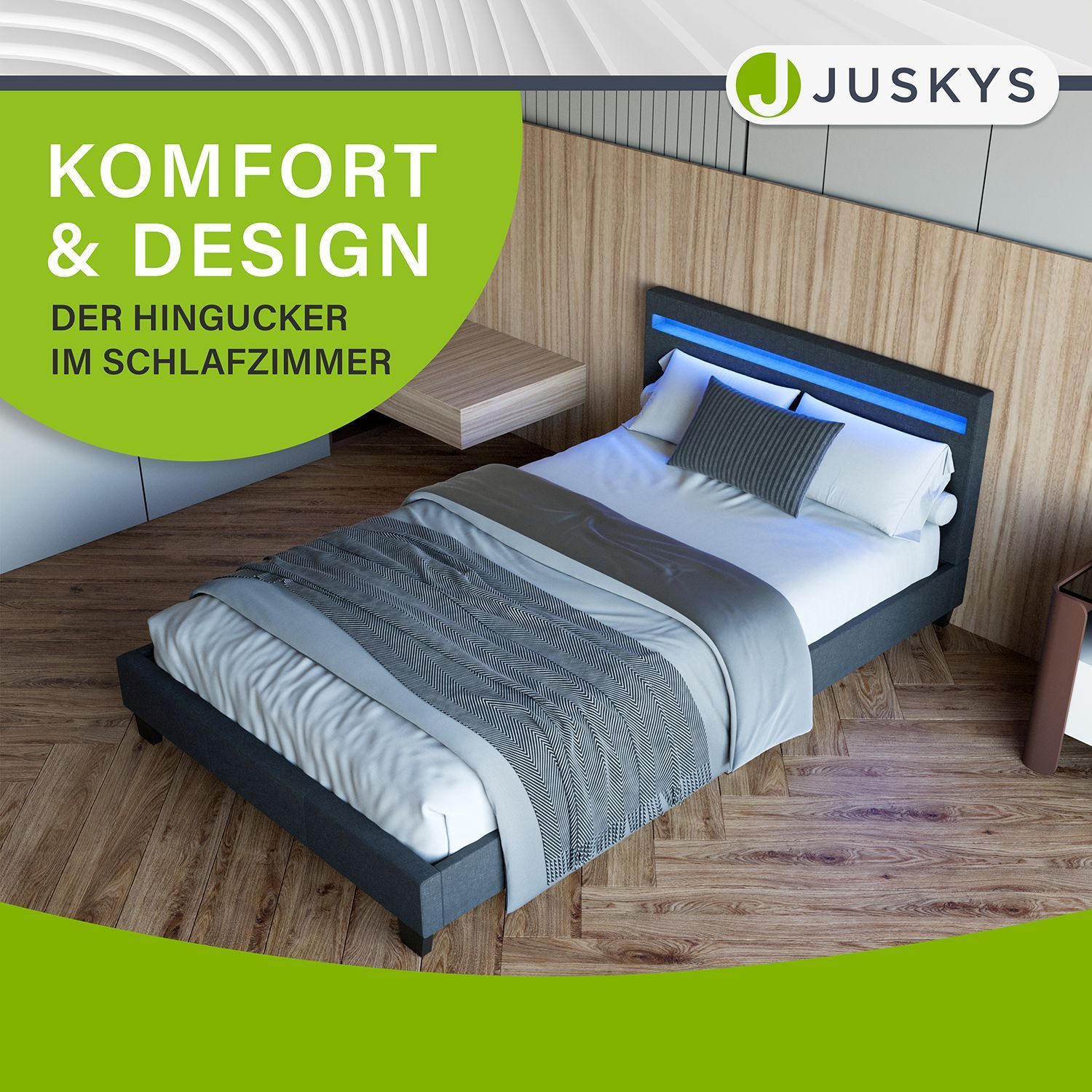 Juskys Polsterbett Verona grau | 120×200 cm | Bettgestell LED-Beleuchtung, Lattenrost & Matratze