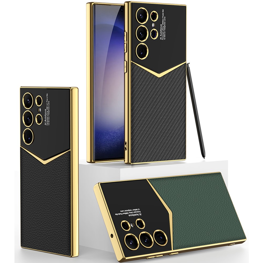 Samsung Galaxy S24 Ultra Leder Hardcase Hülle mit Galvanisiertem Rahmen   Kameraschutz - Gold / Schwarz