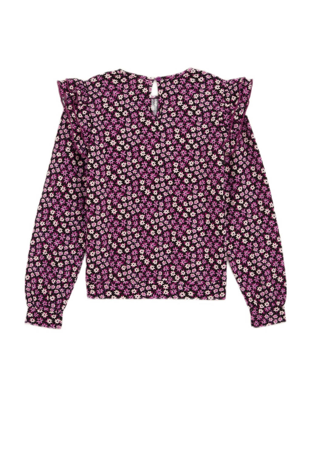 WE Fashion gebloemde longsleeve roze/donkerpaars/ecru