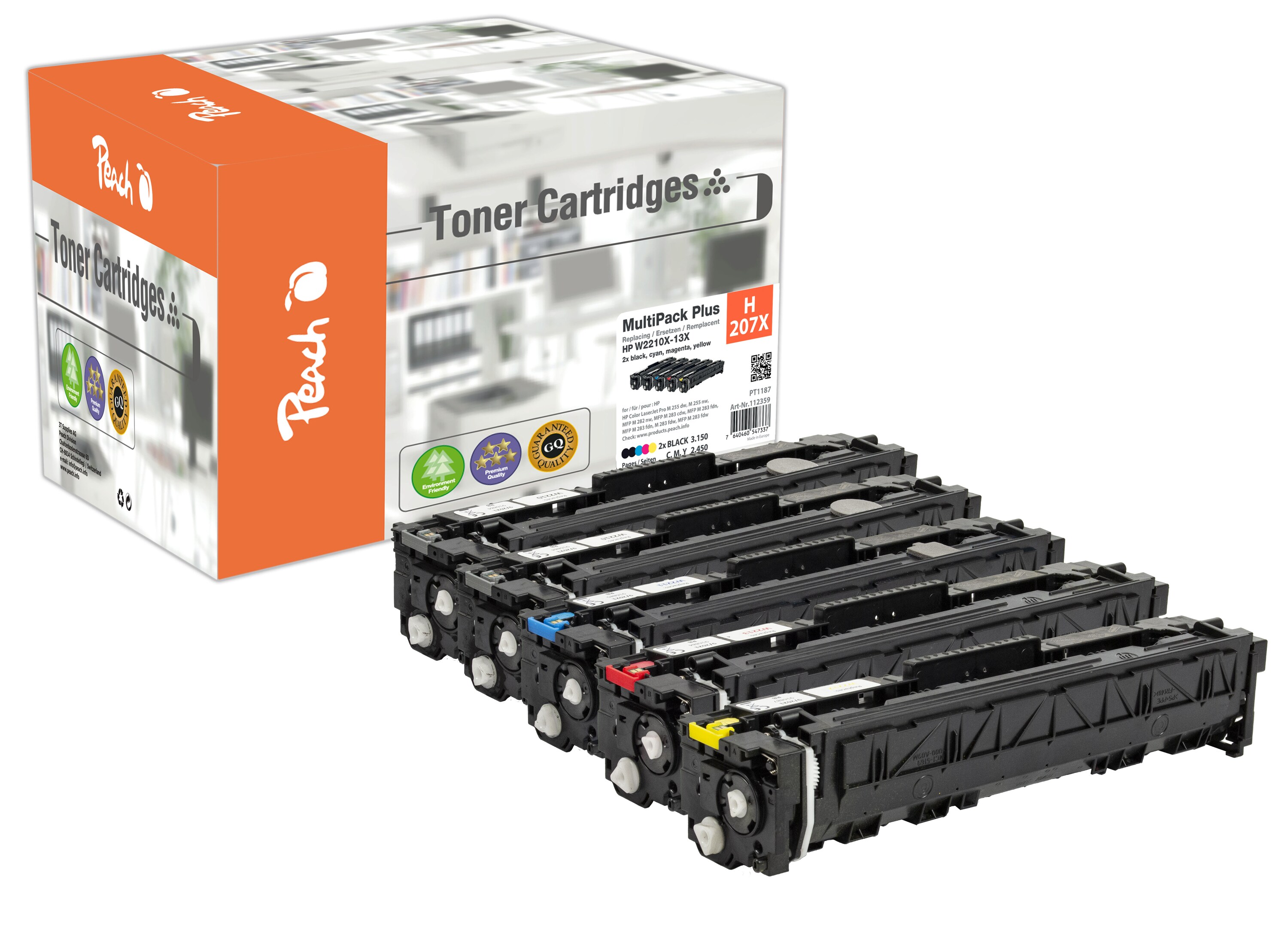 Peach HP 207 X 5 Toner XL (2xbk, c/m/y) ersetzt HP No. 207X, W2210X*2, W2211X, W2212X, W2213X für z.B. HP Color LaserJet Pro MFP M 283 fdw (wiederaufbereitet)
