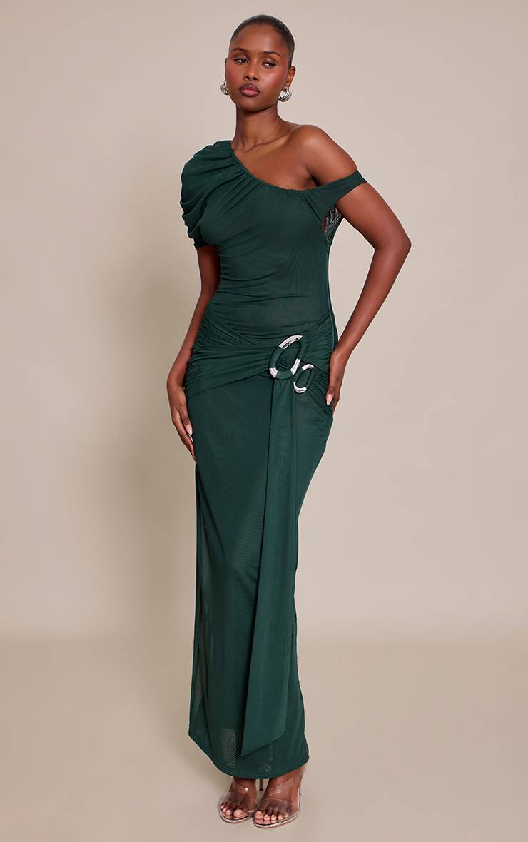 Vert Emeraude Robe Longue Drapée Avec Détail De Garniture En Mousseline
