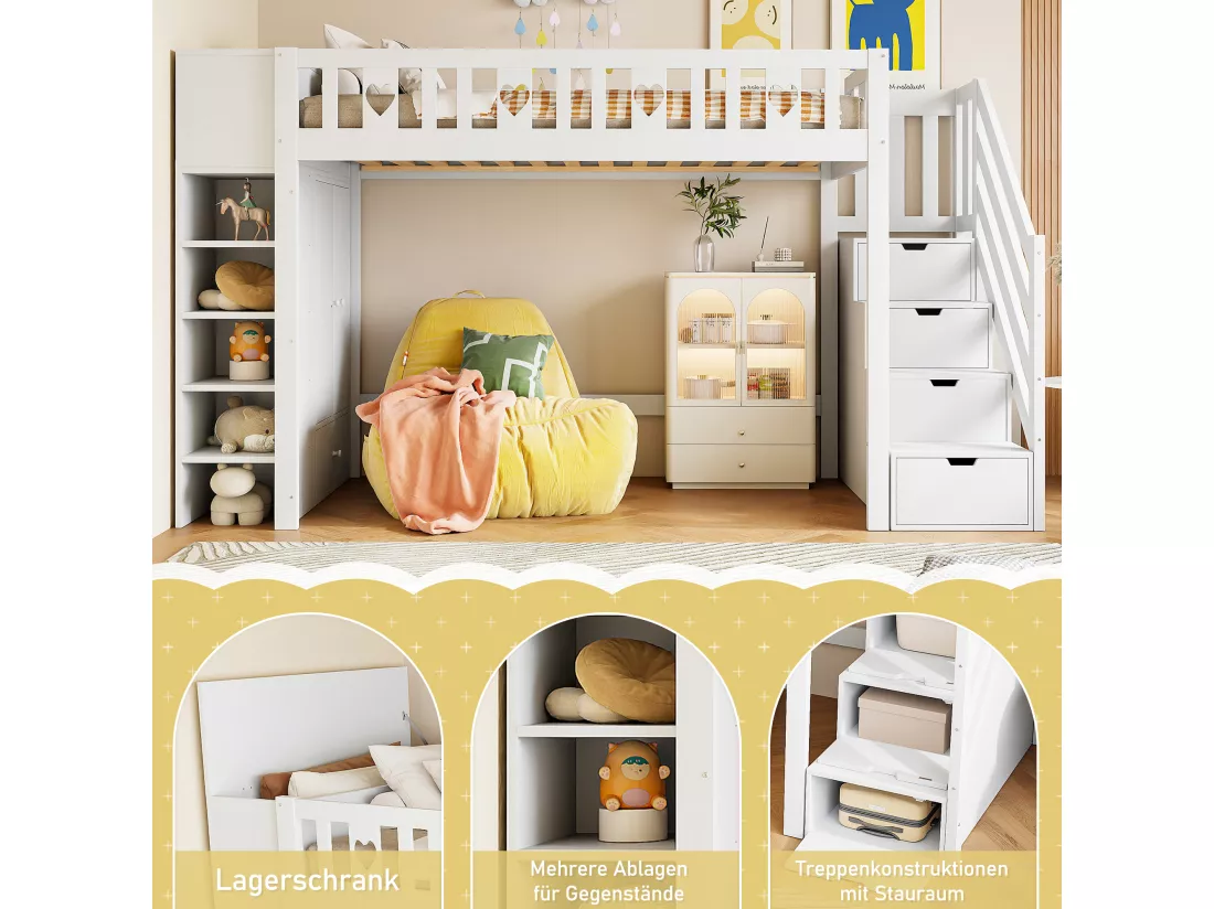 Lit mezzanine 90 x 200 cm avec armoire, étagères de rangement et tiroirs - Pin + MDF - Blanc (sans matelas)
