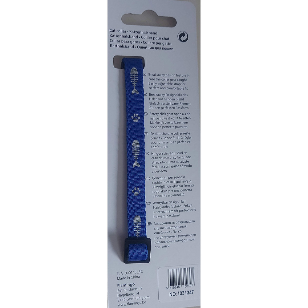 Collier réglable de 20 à 35 cm bleu motif poisson + clochette pour chat