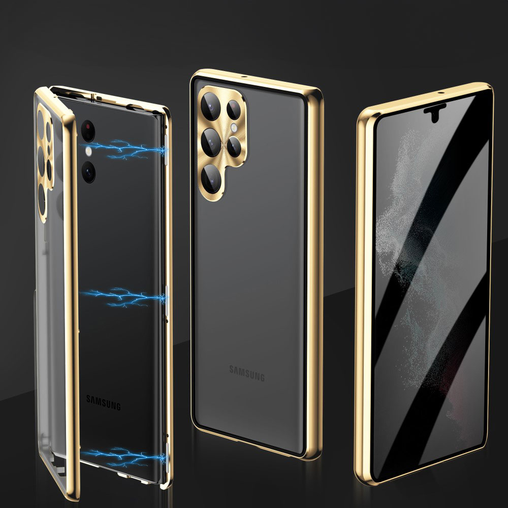 Samsung Galaxy S24 Ultra Magnetische Alu Schutzhülle mit Panzer Glas Backcover   Privacy Display- / Kameraglasschutz (Verschlussmechanismus) - Schwarz