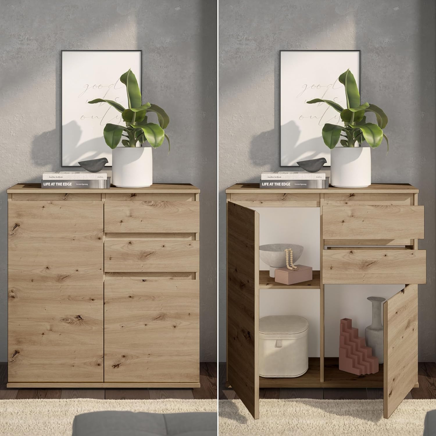Brest Kommode in Artisan Eiche Optik - Modernes Sideboard mit viel Stauraum - 80 x 84 x 35 cm (B/H/T)