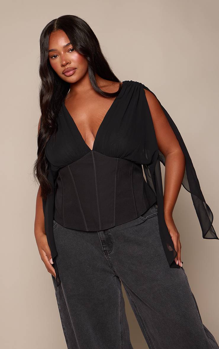 Noir Top Grande Taille Style Corset En Mousseline À Décolleté Plongeant