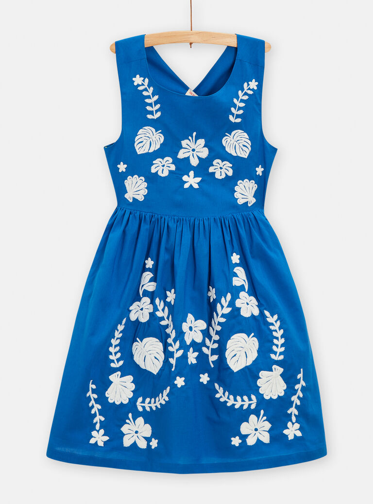 Robe bleu broderies fleuries pour fille