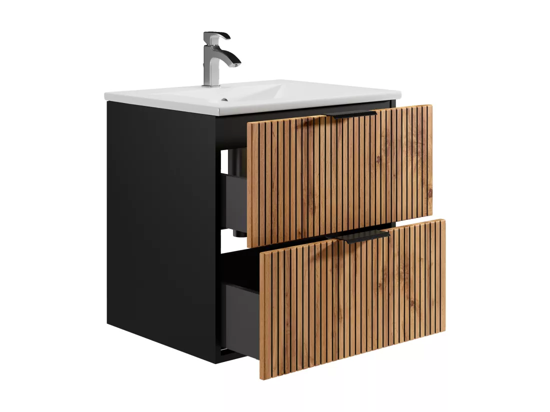 Meuble de salle de bain suspendu strié avec vasque à encastrer - Naturel clair et noir - 60 cm - MADELA