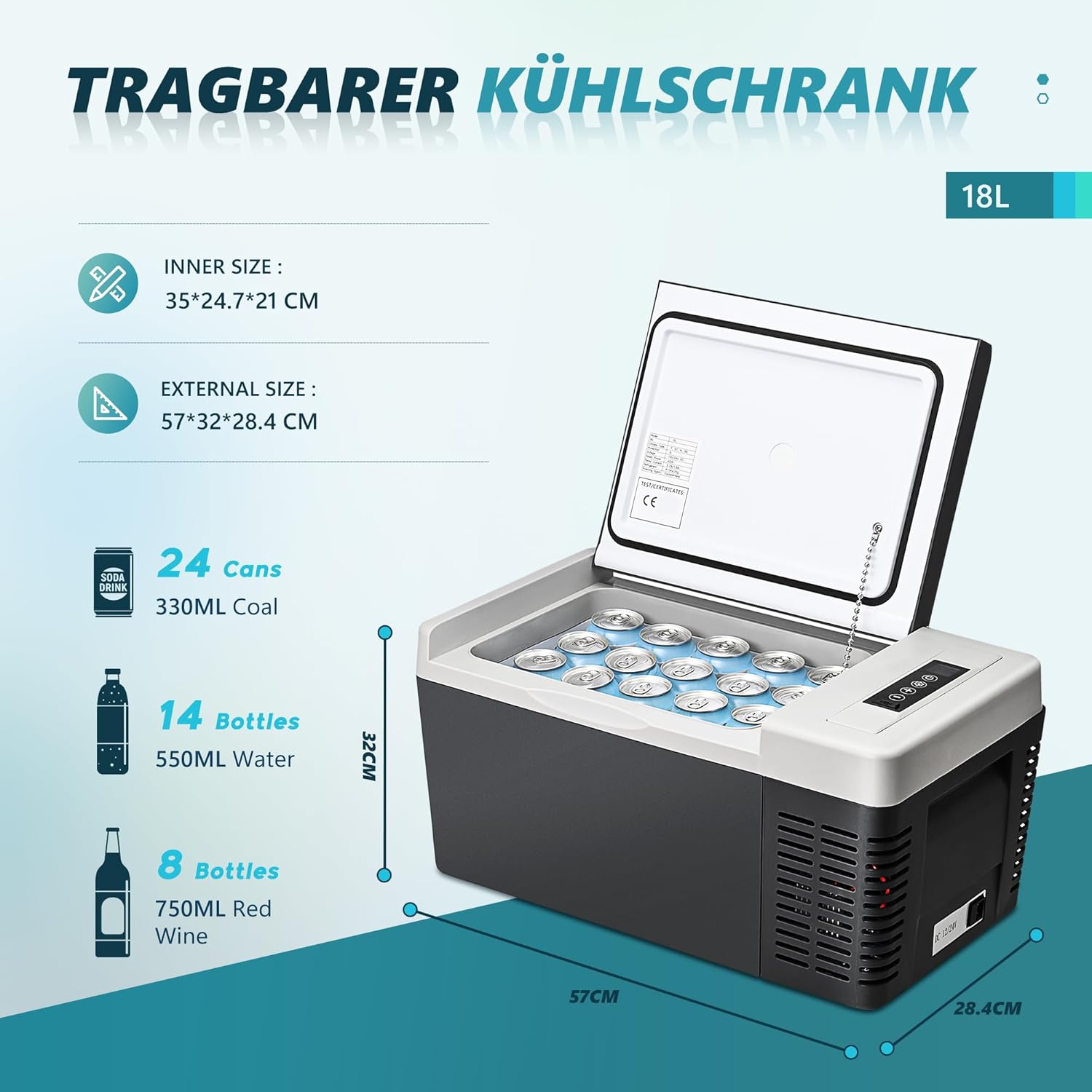 EUHOMY Kompressor Kühlbox 18L, Auto-Kühlschrank -20℃~20℃, Tragbarer Kühlschrank 12/24V DC 100-240V AC, Tragbarer Gefrierschrank mit WiFi-APP-Steuerung für Camping, Reisen, Boot
