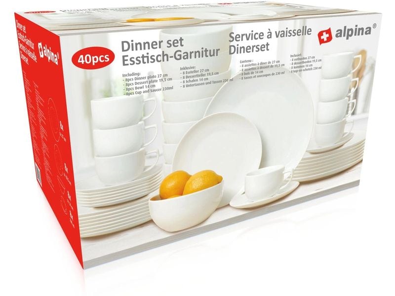 ALPINA Geschirrset für 8 Personen 1 Stück,Weiss Klassisches weisses Geschirr für den Alltag