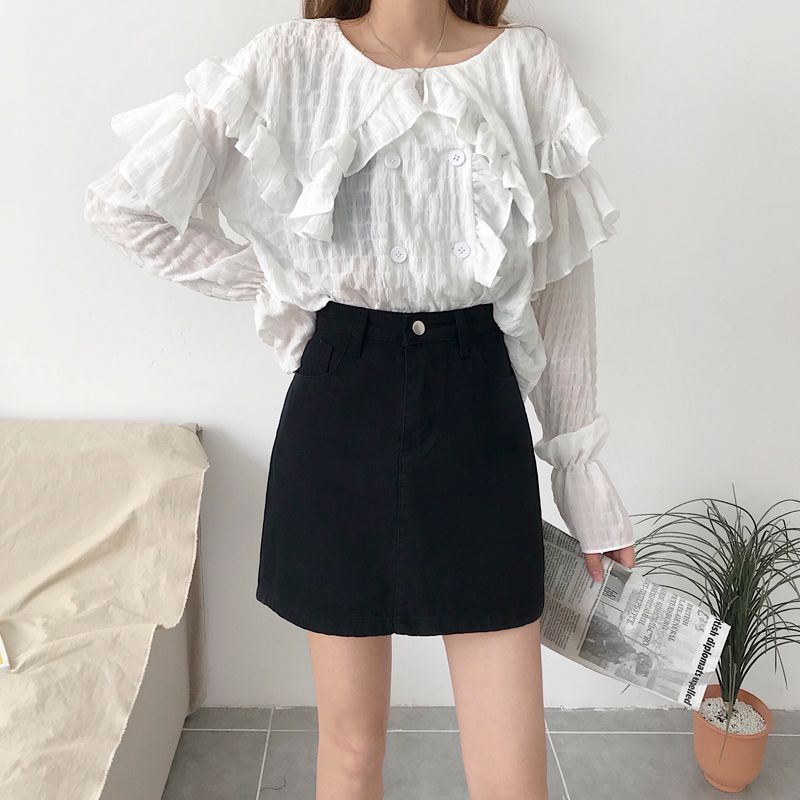 Sisyphi - Hoge taille denim A-lijn minirok