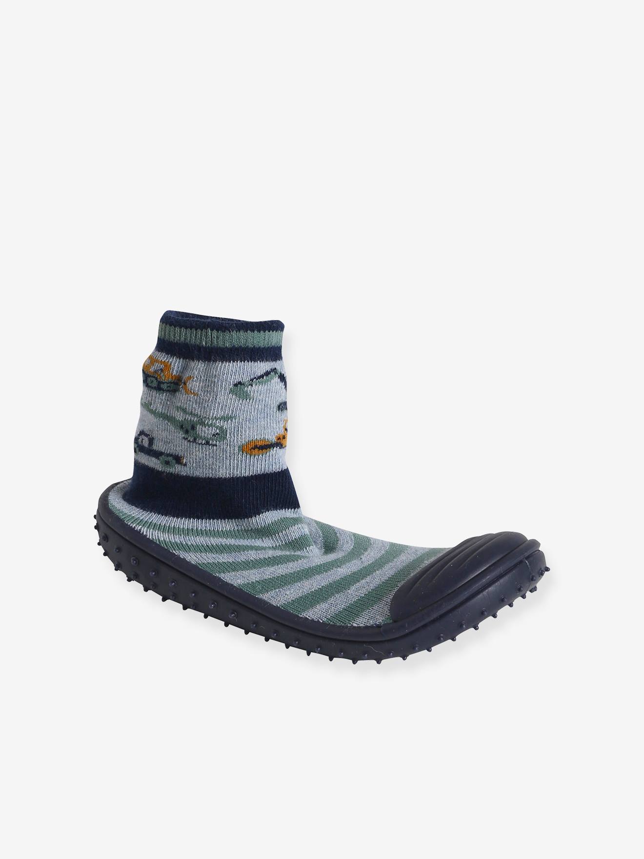 Pantufas infantis tipo meia, antiderrapantes, na cor cinza mesclado.