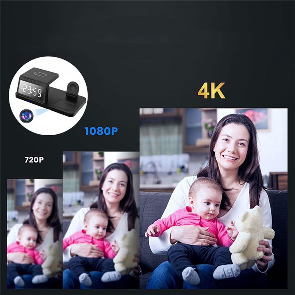 (15W) 3 in 1 Ladestation für iPhone / Apple Watch und AirPods mit eingebauter 4K-Kamera / Wecker-Funktion und microSD-Slot (iOS/Android) - Schwarz
