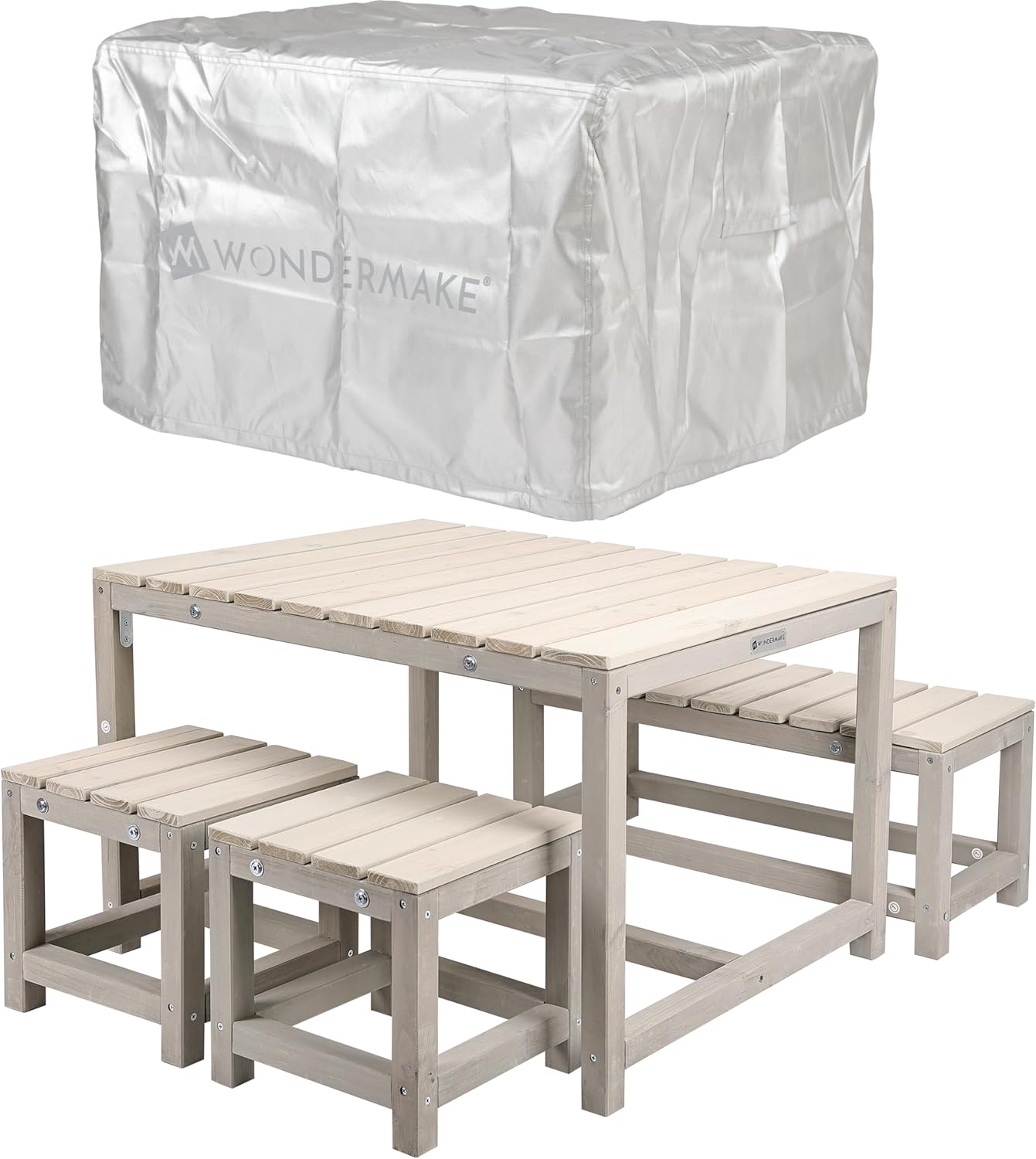 Design Kindersitzgruppe Outdoor Garten Holz mit Abdeckung, Kinder-Sitzgarnitur Indoor Picknick-Gruppe ab 3 Jahre, beige grau