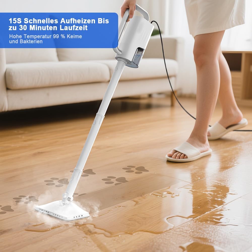Dampfreiniger Upright, Aufheizzeit: 15 s, Handgerät mit abnehmbarem Reiniger, 2 Dampfstufen, Zubehörteile und Mikrofaserpads, Ideal für Alle Böden, Teppiche