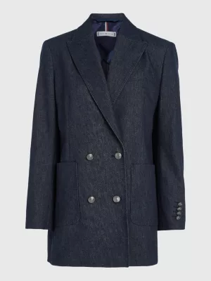 Blazer de sarja com abotoamento duplo e modelagem ajustada ao corpo.