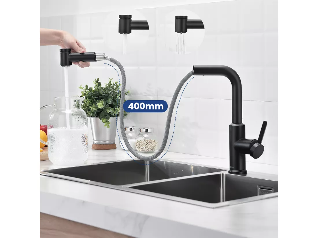 Cecipa max Mitigeur de Cuisine Extractible - Robinet Cuisine à 2 Jets 360 Rotatif - Mitigeur Evier avec Douchette Noir,EU Modèle