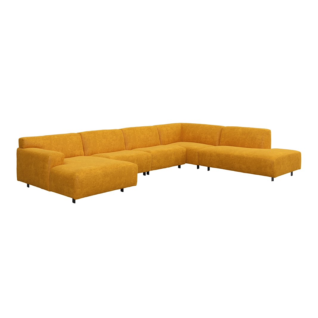 Vesta U-sofa Sjeselong venstre, 3-seter og åpen ende høyre. Big hjørnemodul, Tekstil Eros Mustard, sort metallben 10 cm, Comfort CM
