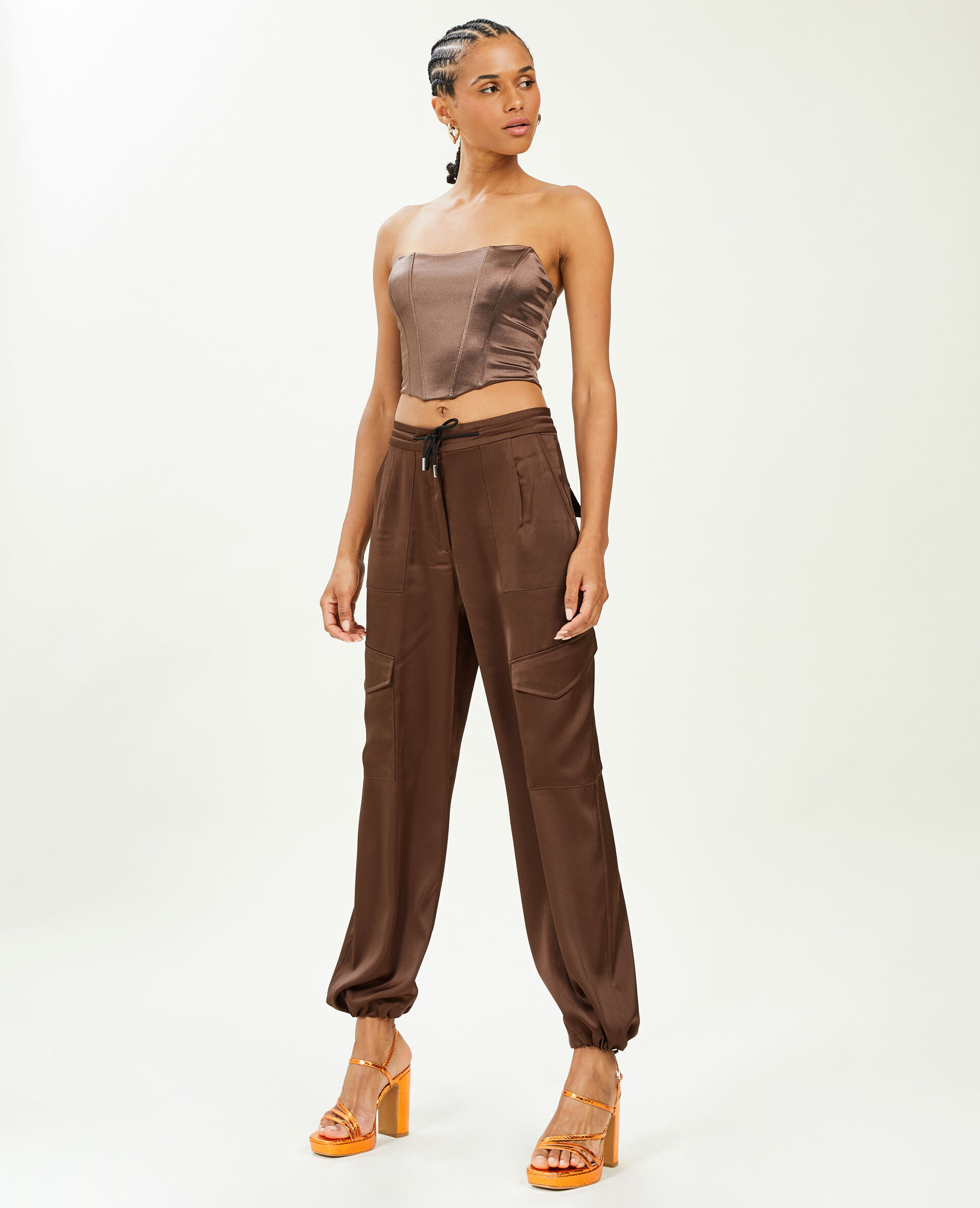Pantalon cargo en tissu satiné - Marron