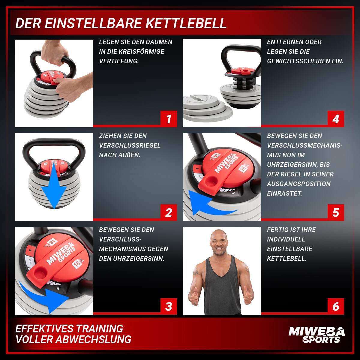 Miweba Sports Kettlebell KB300, verstellbar, 3,4-18 kg, 6 Gewichtscheiben, Easy-Lock-Mechanismus