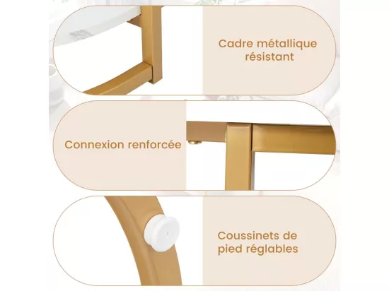 Table Basse Imprimée Marbre 2 Niveaux avec Cadre en Métal Doré, Table de Salon Scandinave avec Coussinets de Pied Réglables, 100 x 50 x 45 cm, Blanc