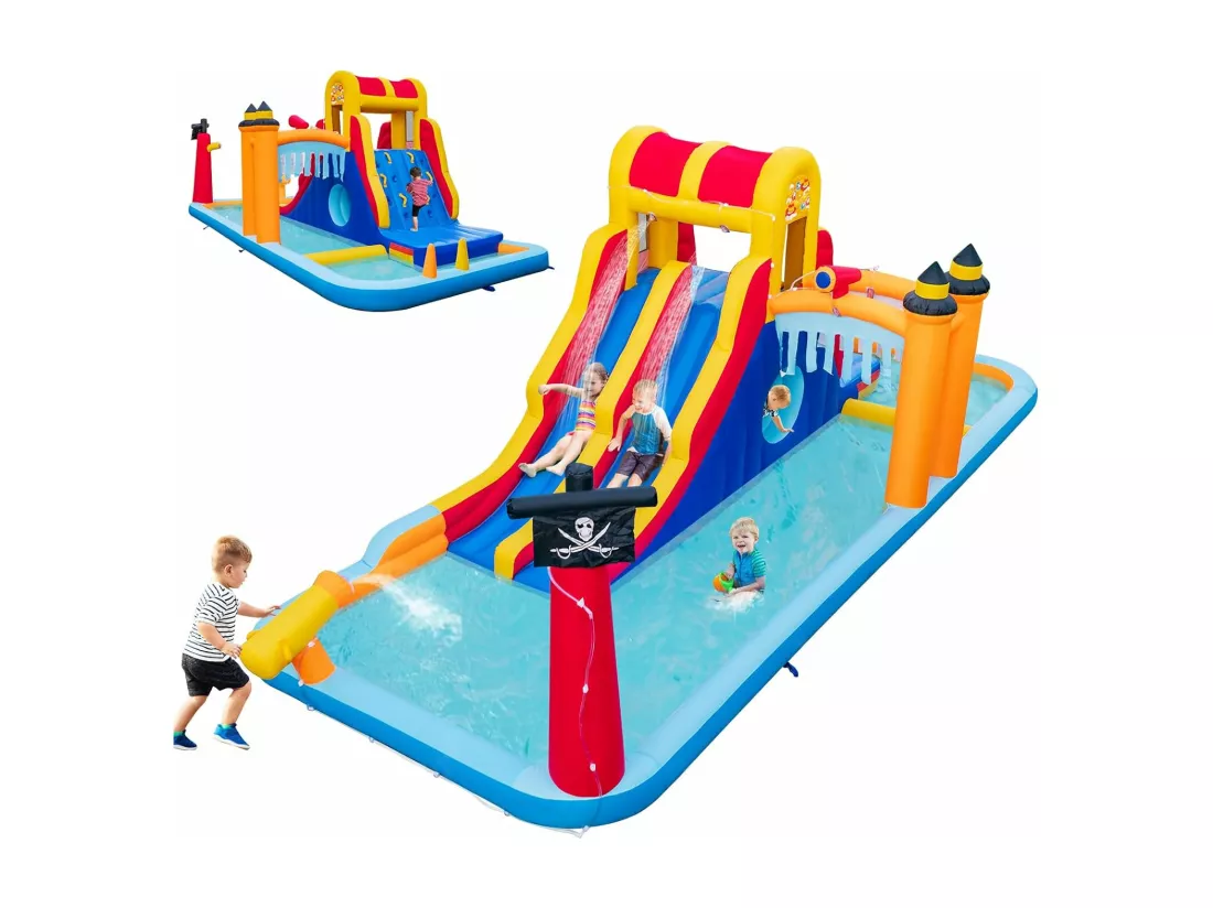 Château Gonflable en Forme Boîte avec Toboggan Aquatique & Mur d’Escalade, Aire de Jeux Gonflable avec Canon à Eau, Charge 90kg pour 3 Enfants de 3-10 Ans, 693x295x263 CM