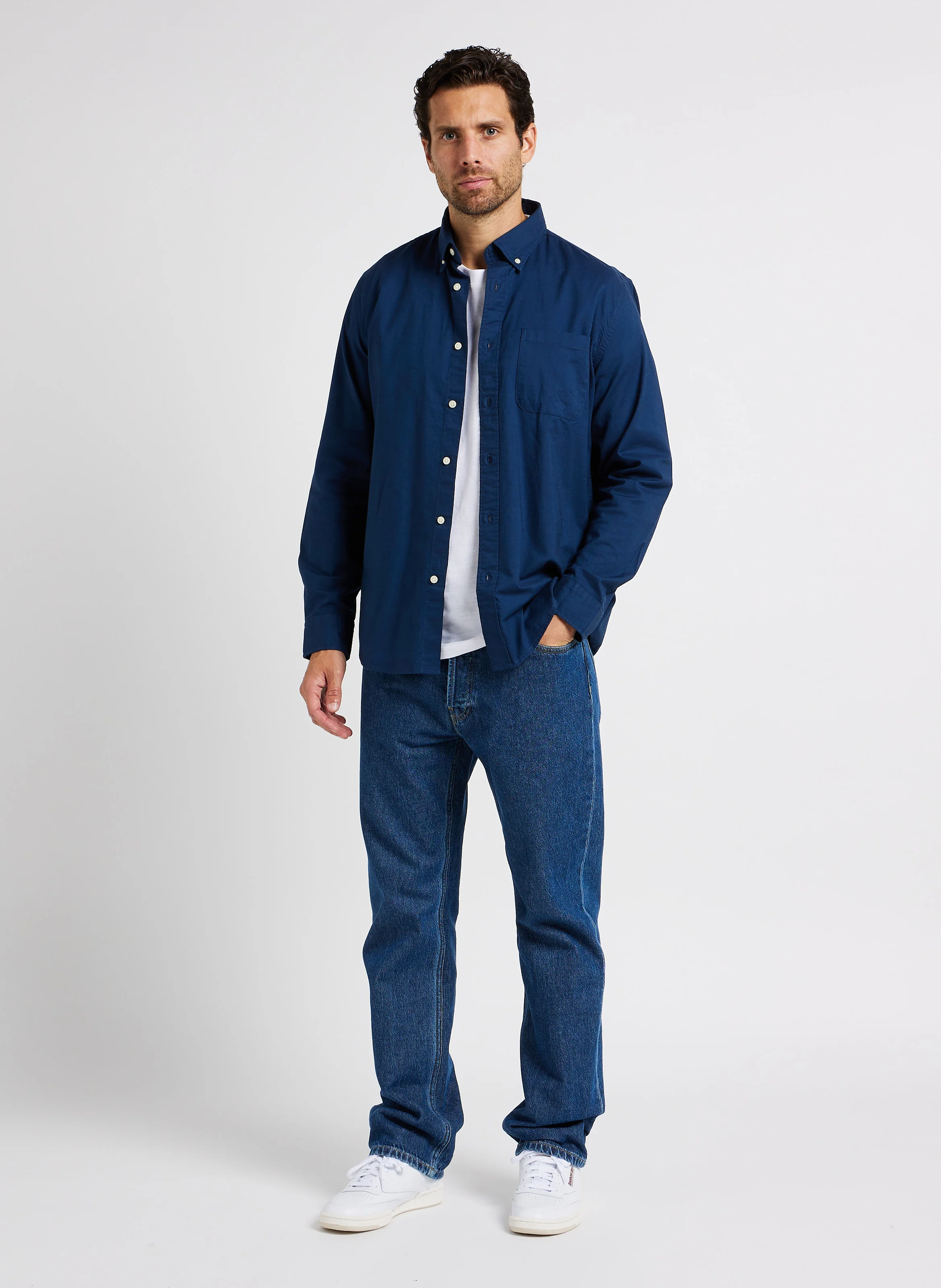 Chemise col américain en coton mélangé| Bleu