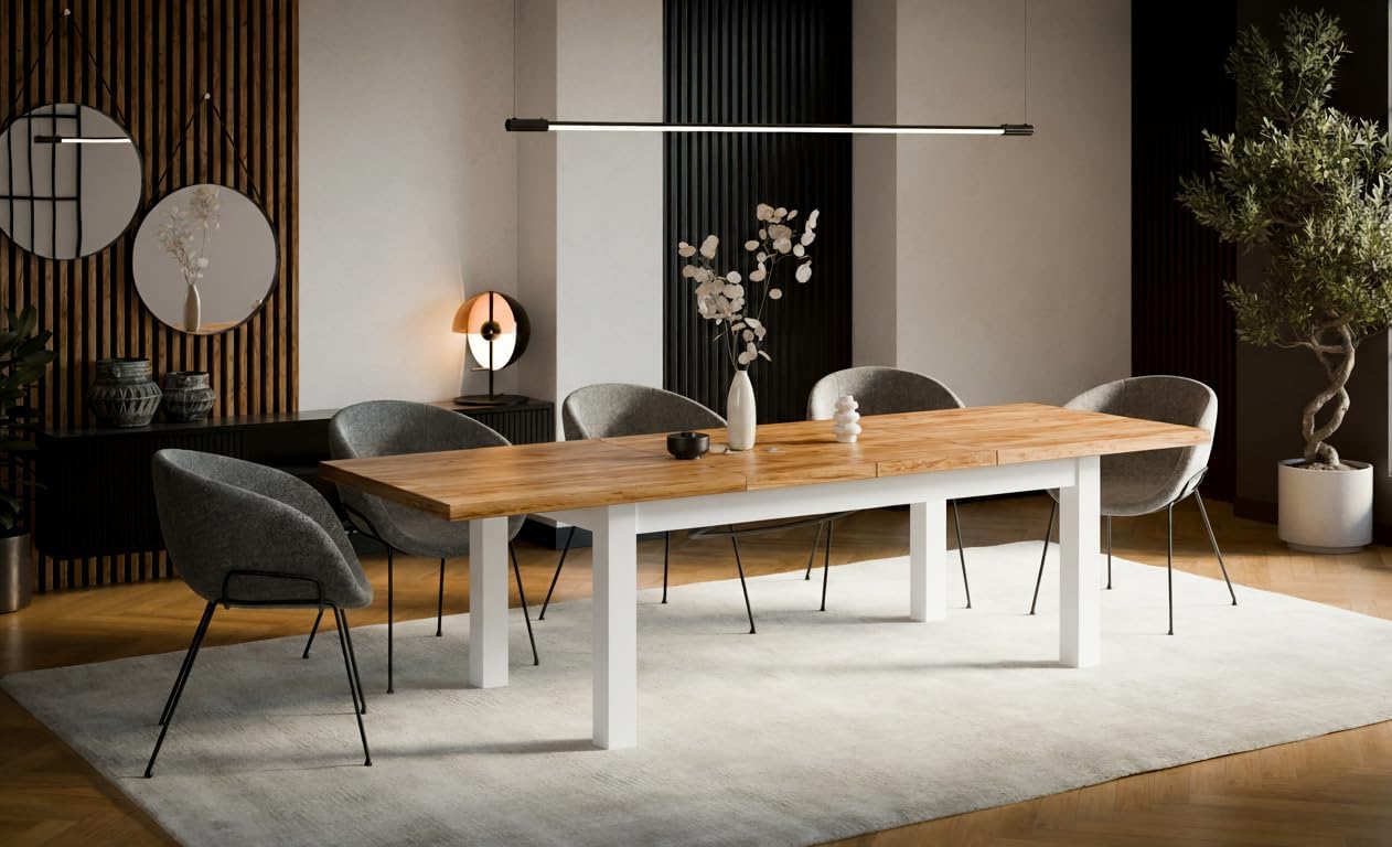 Ausziehbarer Esstisch Leonardo 100–300 cm | großer Tisch für 10–12 Personen | Tischplatte Eiche Craft | Beine aus massivem Buchenholz – weiß lackiert | modern skandinavisch | für Küche & Esszimmer