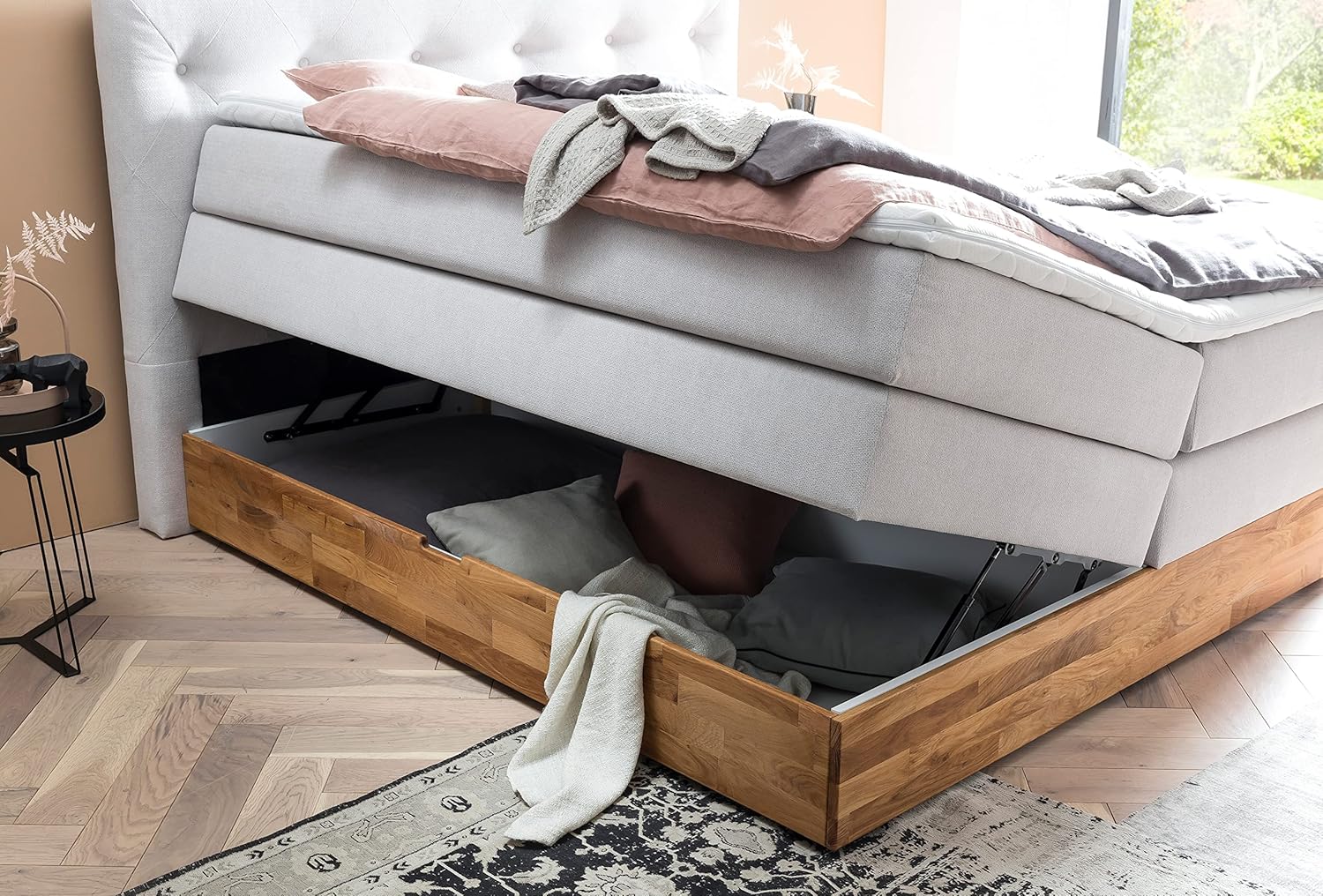 Belanoti MARBO Boxspringbett 180x200 mit Bettkasten 7-Zonen Taschenfederkern Matratze inklusive Visco Topper Bett 180x200 Eiche in der Farbe Weissgrau H2/H3 Polsterbett mit Massivholz Eiche