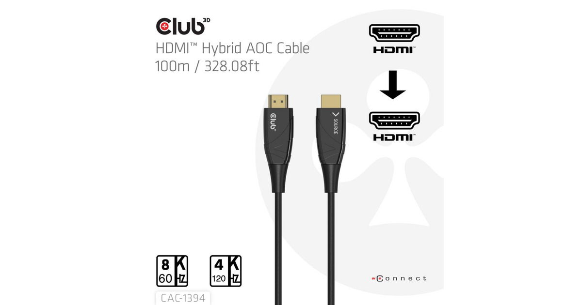 Club 3DHDMI Hybrid AOC Cable 8K60Hz/4K120Hz, 100 m kabel  (Zwart)