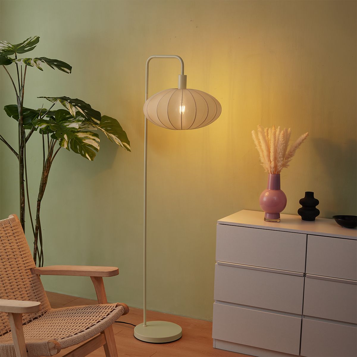 Japandi vloerlamp beige met stoffen crème kap - Bida