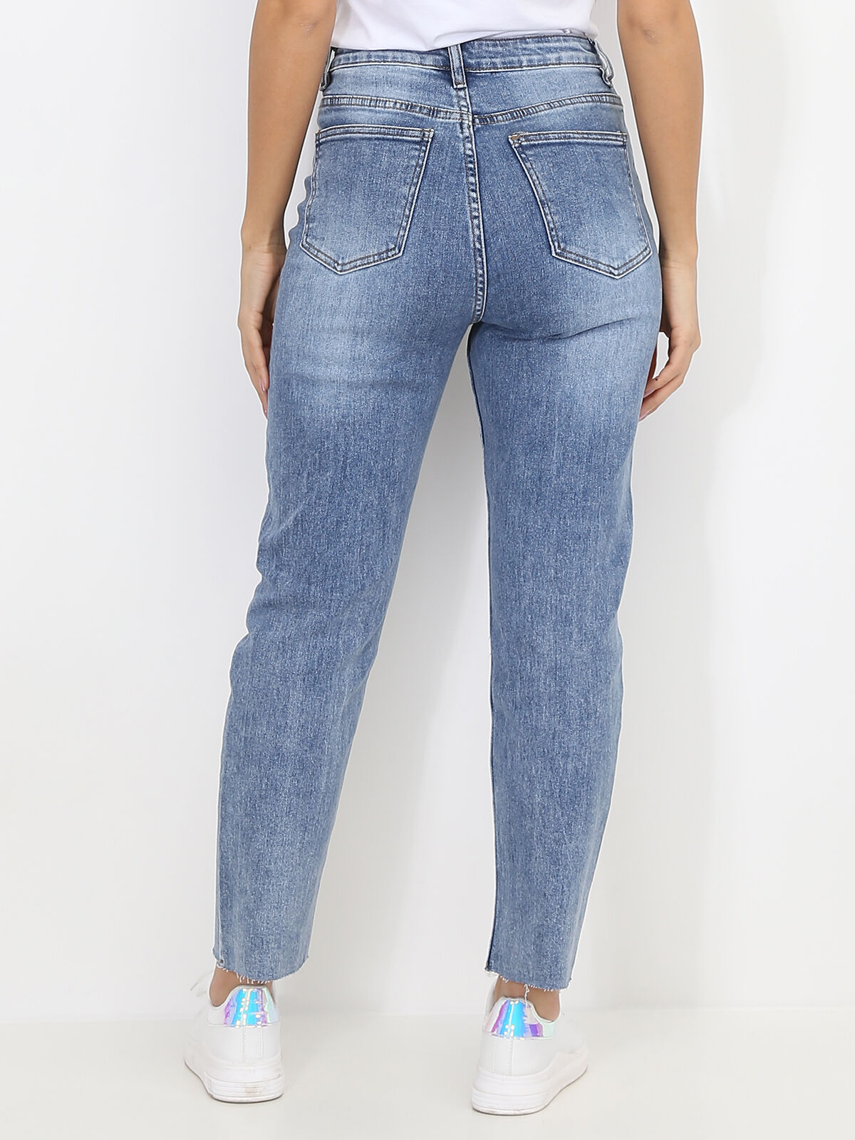 Jeans droit délavé à bords effilochés- Bleu clair