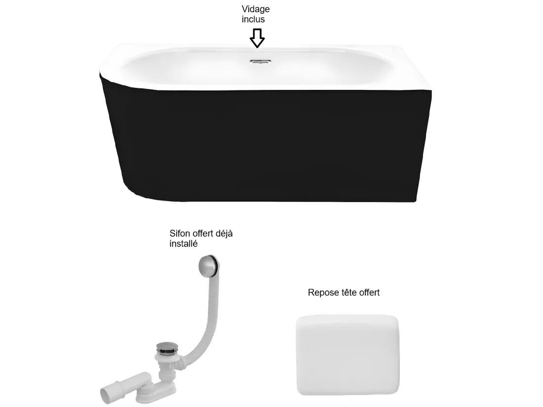 Baignoire d'angle Noir et Blanc + Siphon Chrome et Vidage inclus + Repose tête - AVITA S CLASSE - DROITE - 170 x 75 cm