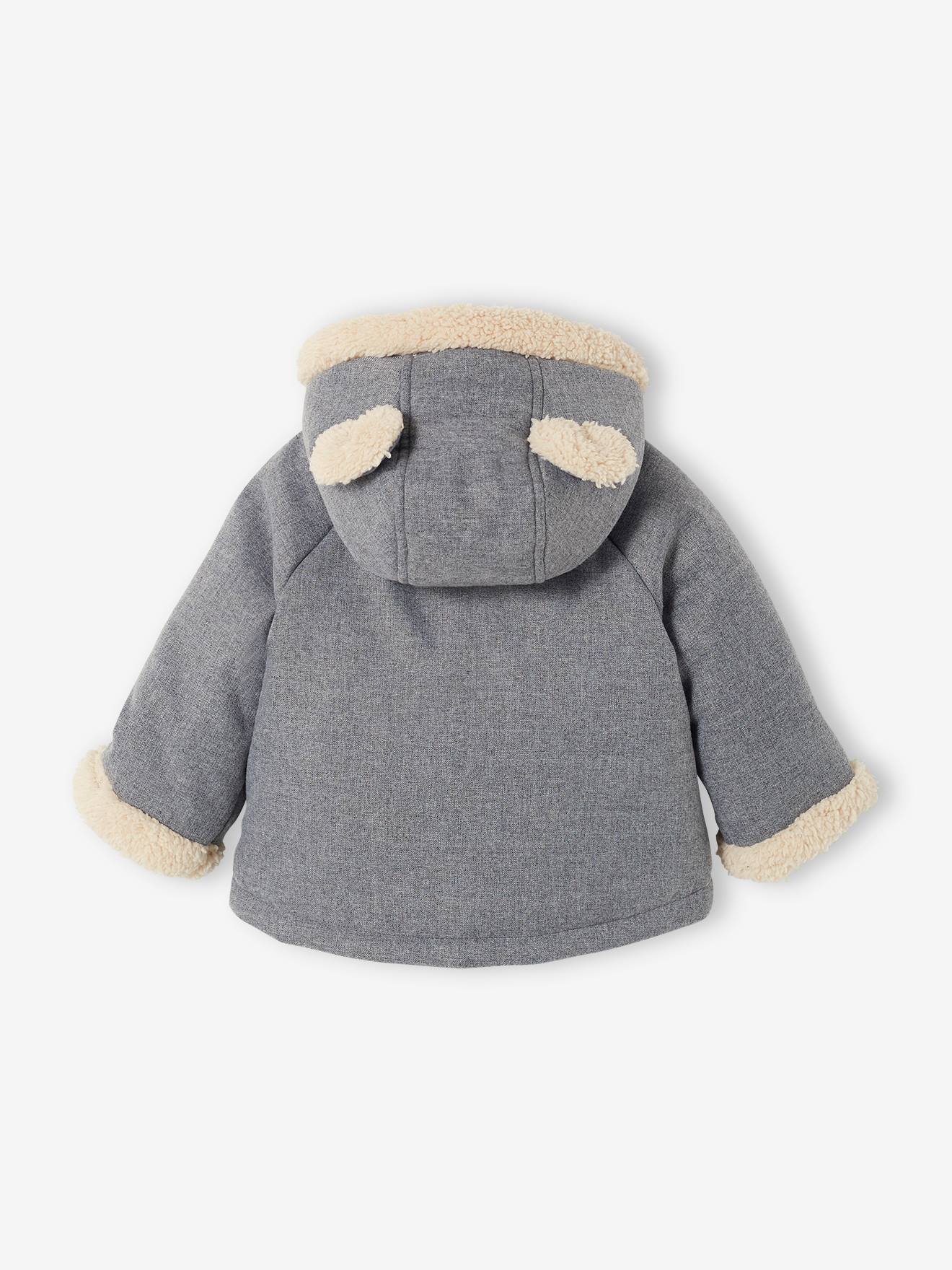 Jaqueta acolchoada assimétrica com capuz para bebê, lisa, cinza médio