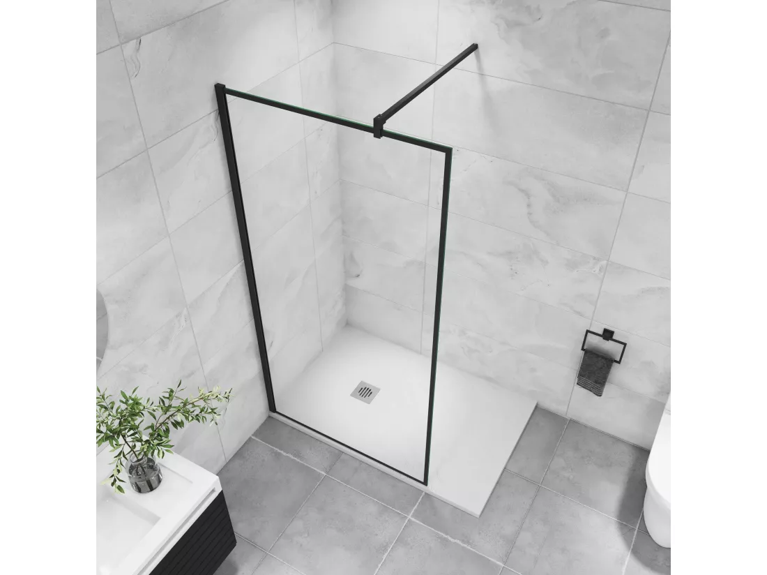 Paroi de douche noire 120x200cm à l'italienne avec barre de fixation noire 90cm en carré, en 8mm verre trempé anticalcaire