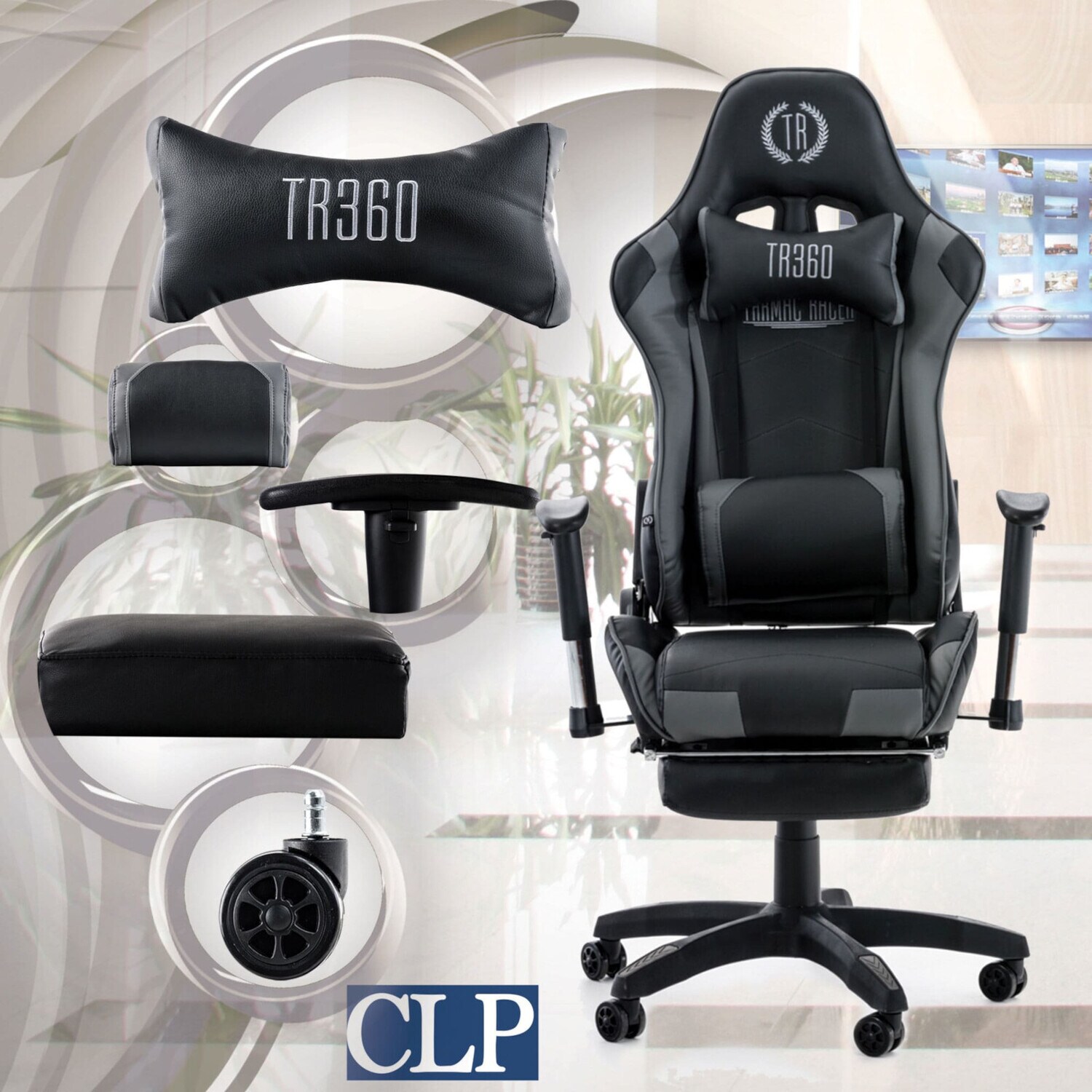 TPFLiving Racing Bürostuhl Turbine mit Fußablage Schwarz/Blau