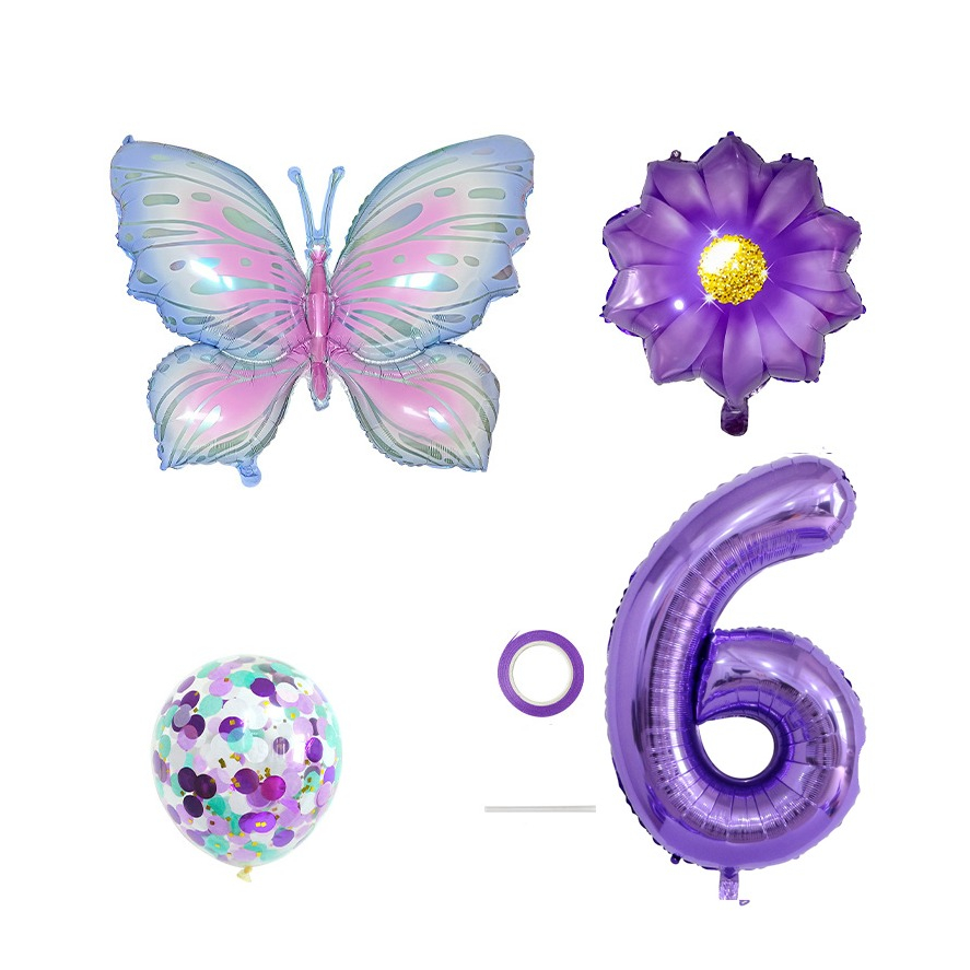 (7-tlg. Set) Zahlen Ballon Kinder Geburtstags Party Folienballon inkl. Latex Luftballons - Zahl 6 / Schmetterling