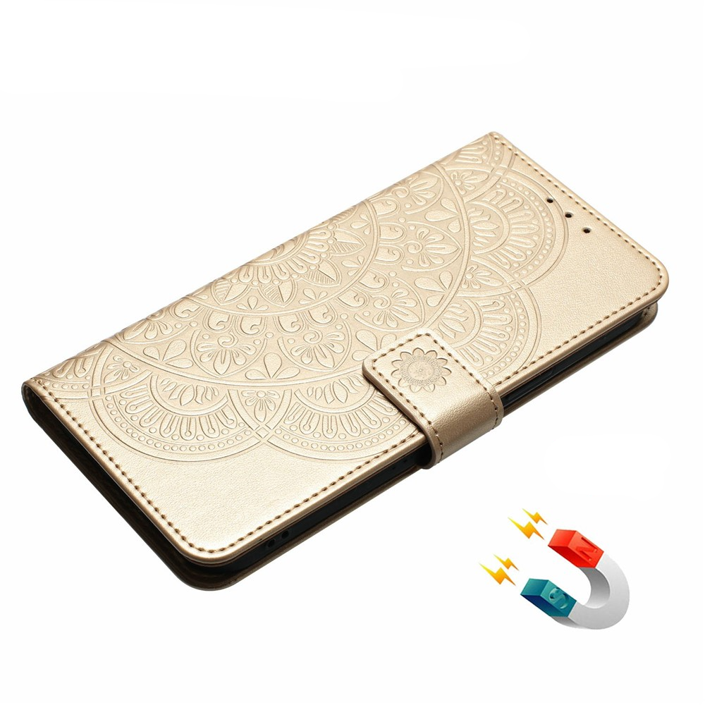 iPhone 17 Pro Max Leder Tasche Wallet - Mandala Flowers Imprint - Gold