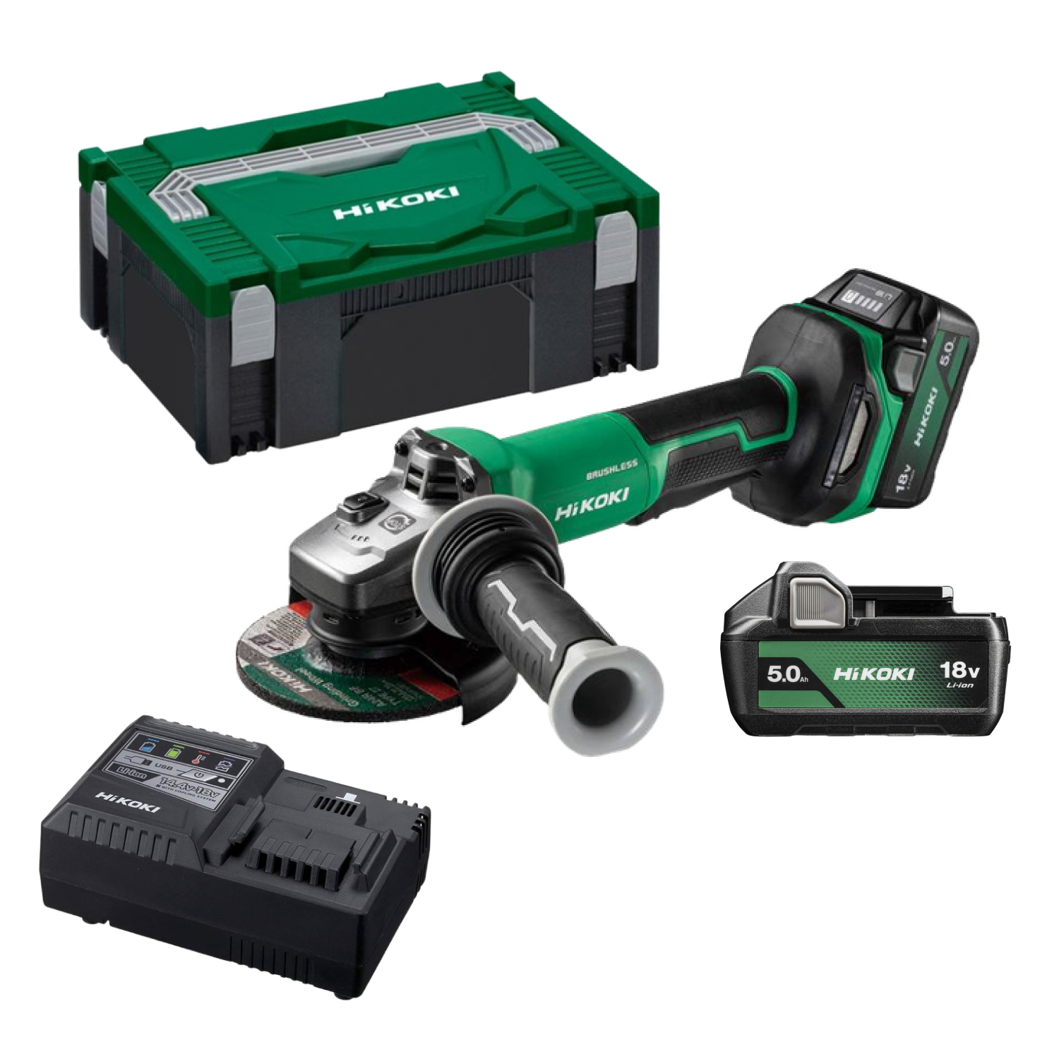 HiKOKI G1813DVEWQZ Accu Haakse Slijpmachine - 18V - 125mm incl. 2x 5,0Ah accu's en lader in HSC II Koffer