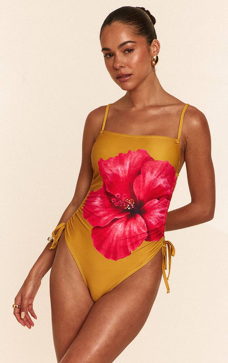 Moutarde Maillot De Bain À Bretelles Imprimé Hibiscus