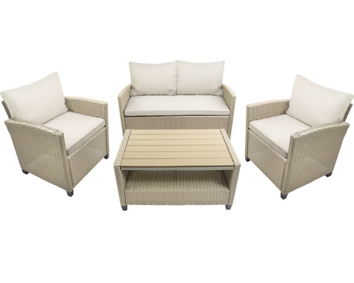 Tuinmeubelset, loungeset, 4-zits, bestaande uit: bank, 2 fauteuils, tafel, inclusief kussens, polyrotan, staal, beige