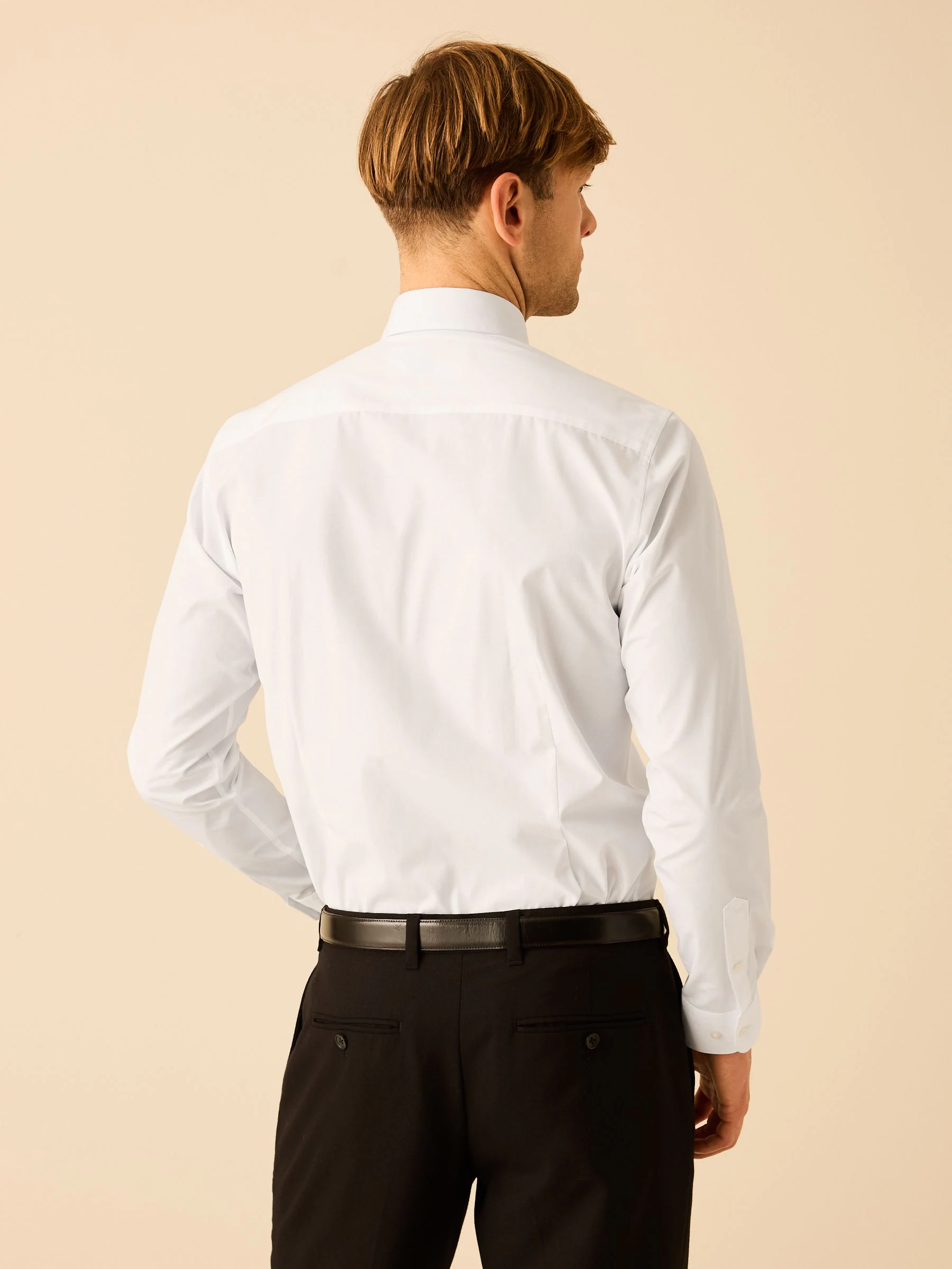 Wit - Slim fit, eenvoudig te strijken, net Oxford-overhemd met kraaglusje en enkele manchetten