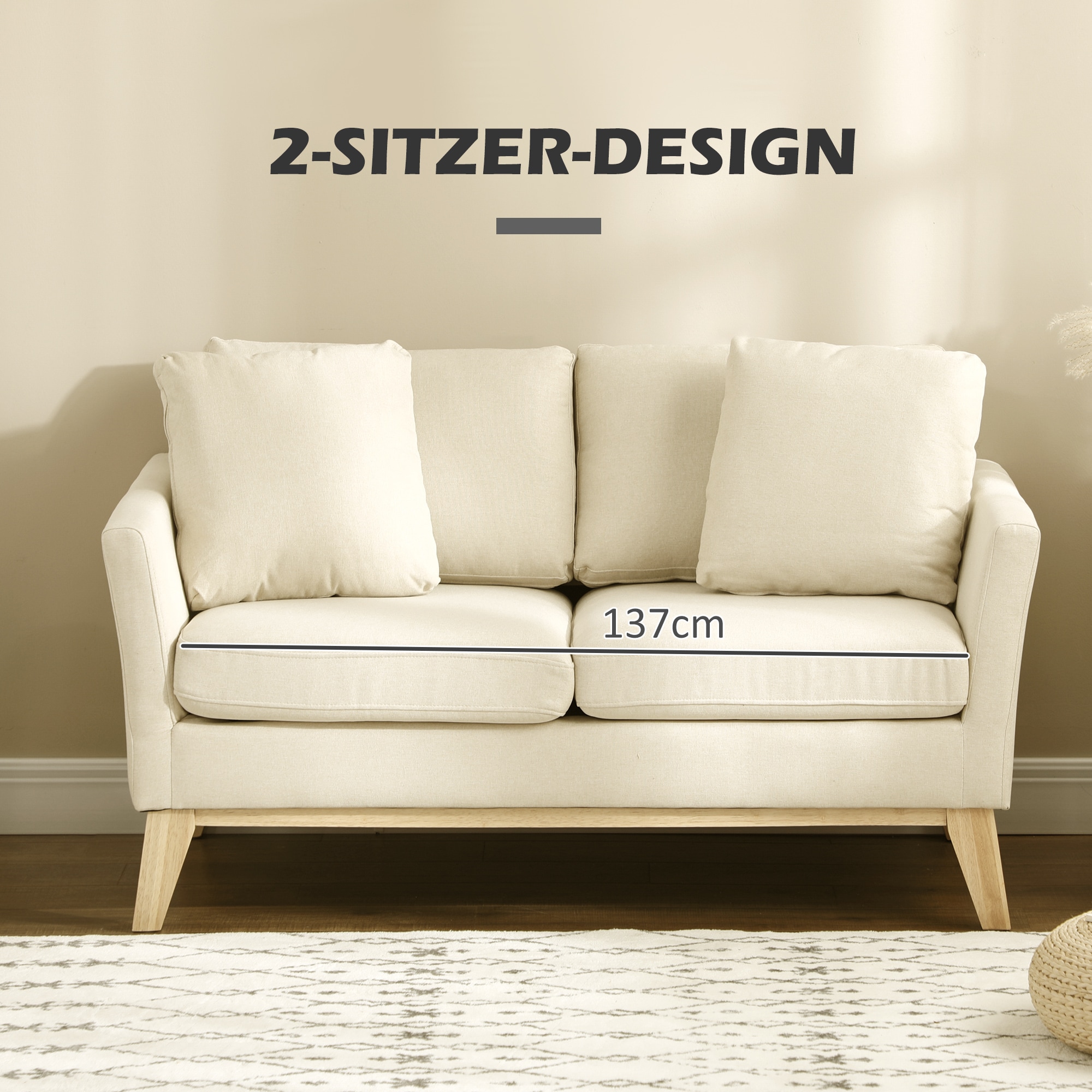 HOMCOM 2-Sitzer-Sofa mit Kissen beige 137L x 78B x 78H cm