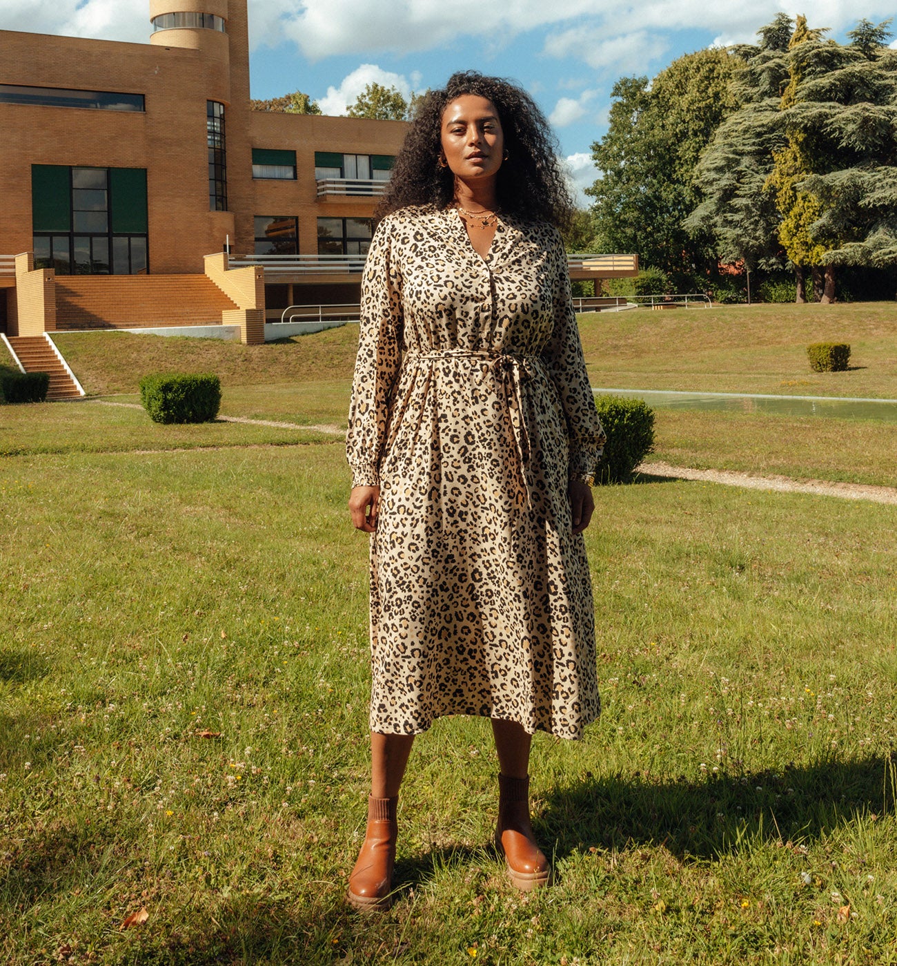 Robe mi-longue imprimée Femme - Imprimé écru
