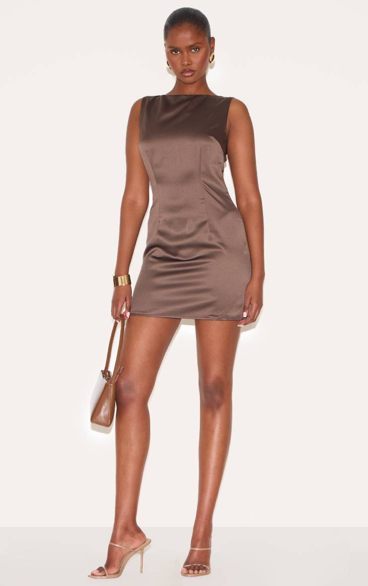 Taupe Mini Robe Satinée À Encolure Bateau