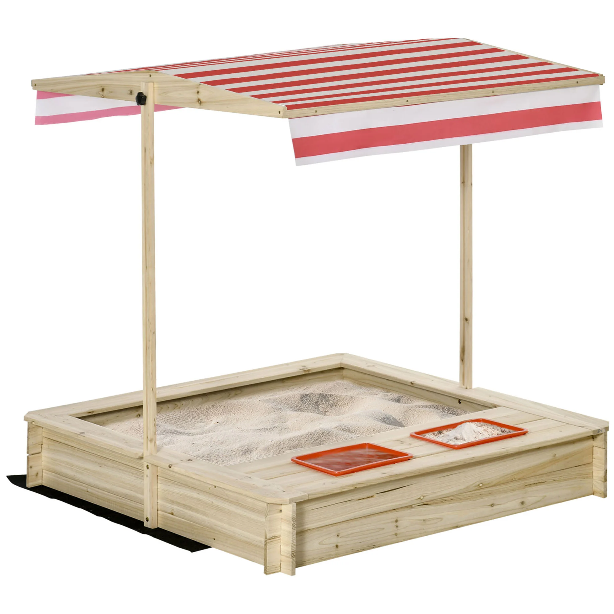 Caixa de areia infantil de madeira Outsunny com teto inclinável ajustável em altura e 2 bandejas auxiliares, caixa de areia para jardim para crianças a partir de 3 anos, 118x118x118 cm, natural e vermelha.