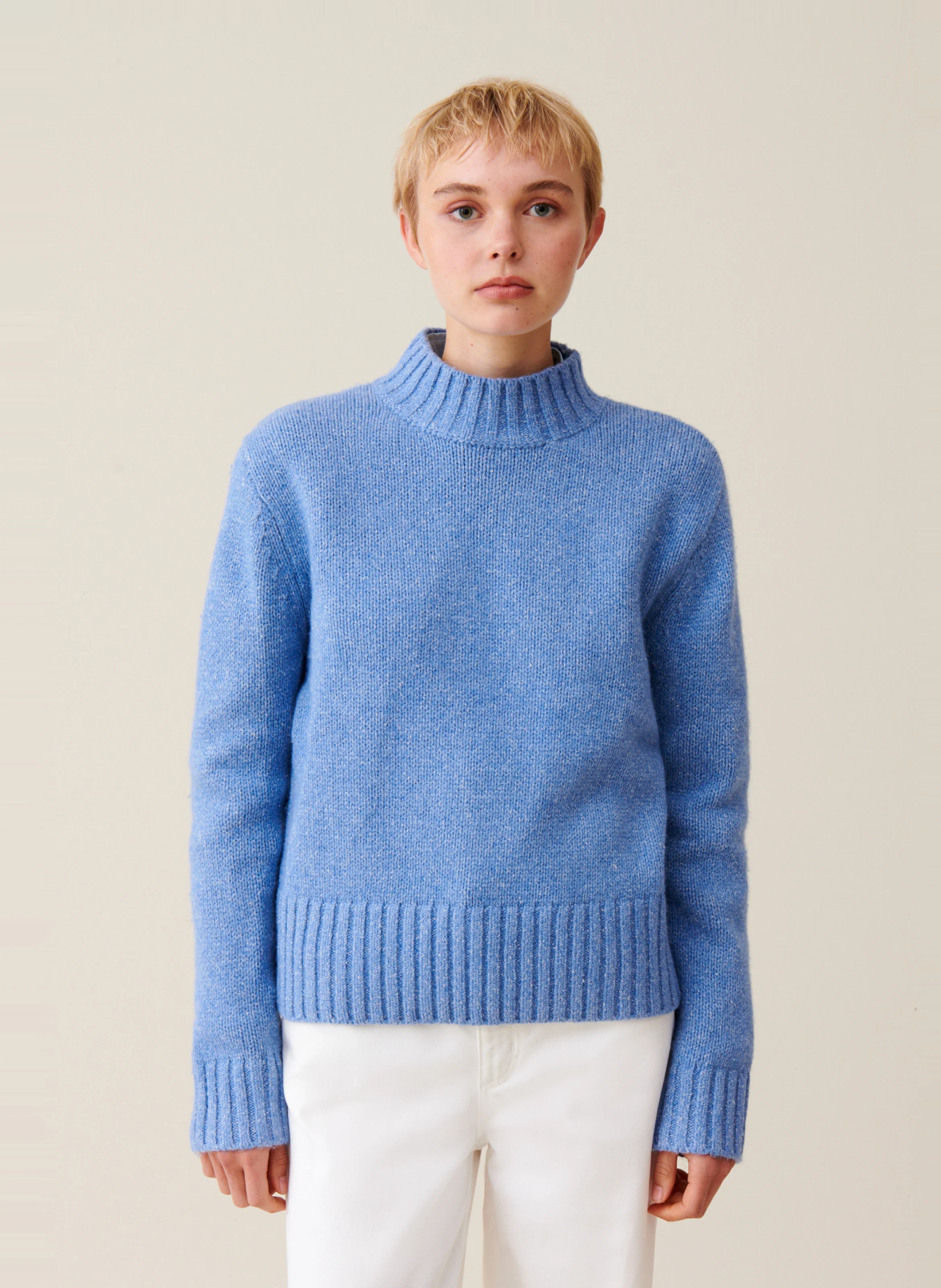 Pull col montant en laine et en soie mélangés | Bleu