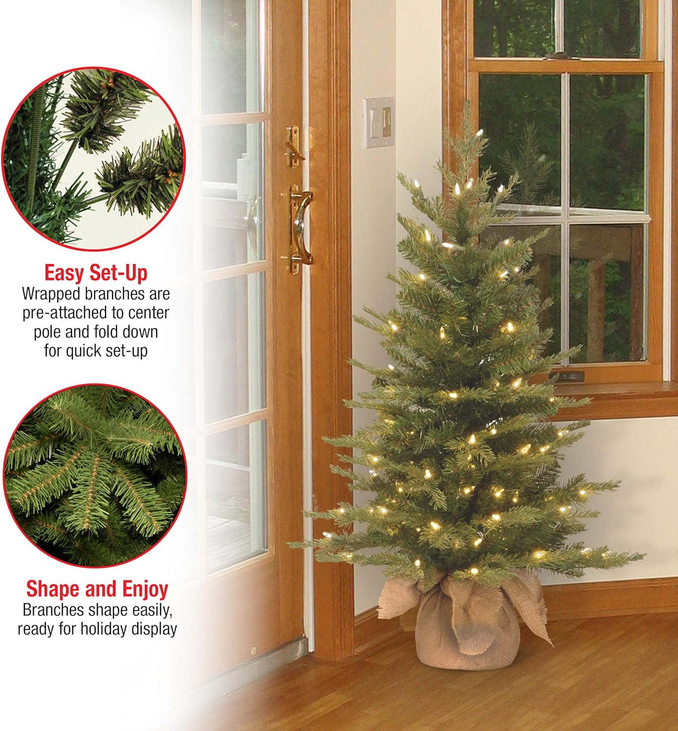 National Tree Company Pre-Lit 'Feel Real' Artificial Mini Christmas Tree, Green, Nordic Spruce, White Lights, Includes Burlap Bag Base, 3 Feet