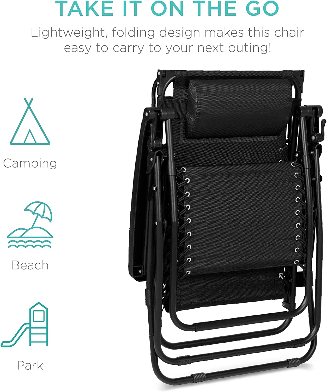 Folding Zero Gravity Outdoor Recliner Patio Lounge Chair w/Adjustable Canopy Shade, Headrest, Side Accessory Tray, Textilene Mesh - Beige