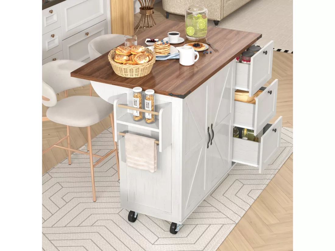 Ilot central de cuisine mobile avec 2 portes et 3 tiroirs - plateau extensible - 140 x 45/73 x 92.5 cm - Bois MDF + métal - Blanc + naturel